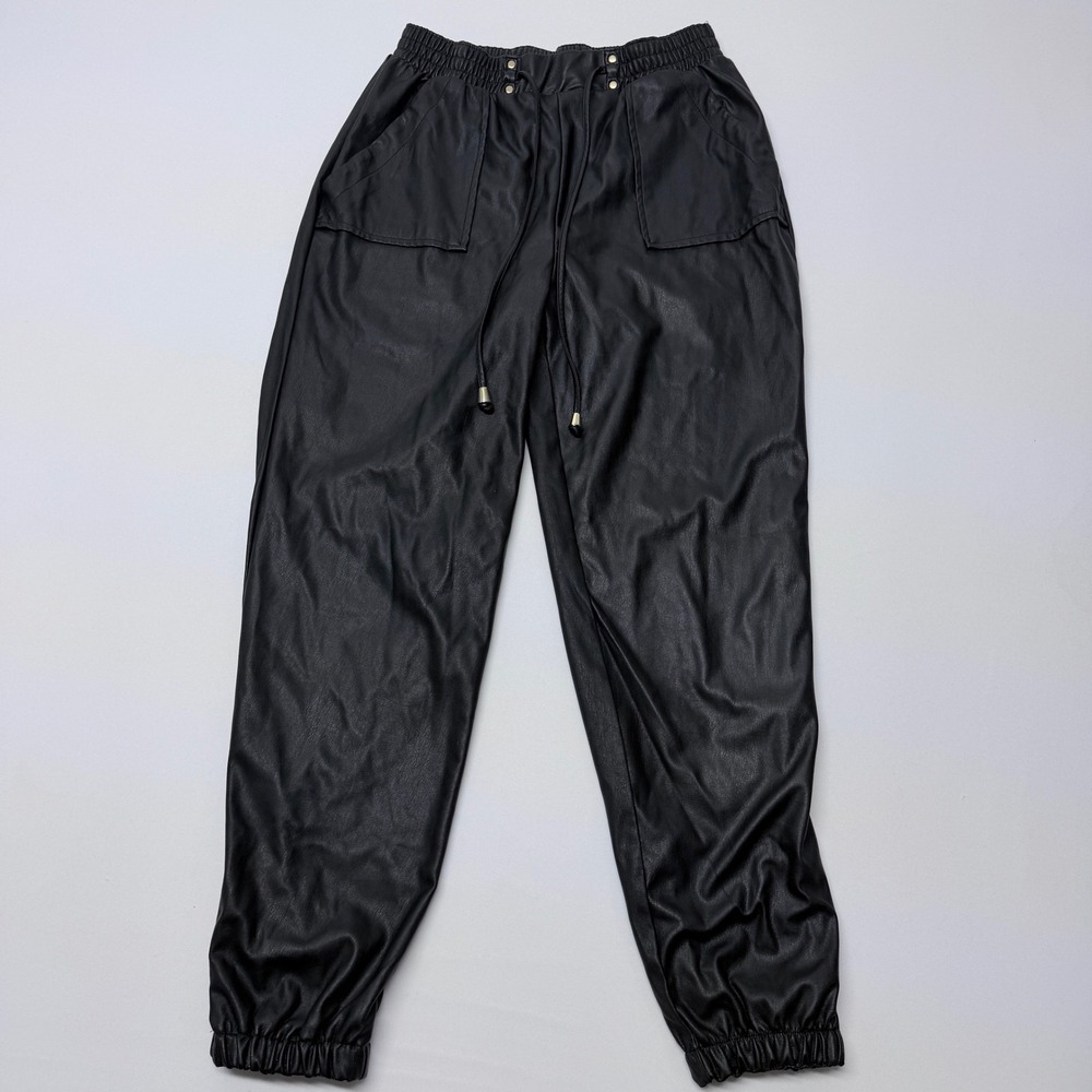 Ci Sono Womens Black Faux Leather Jogger Pants High Waist Drawstring Size L